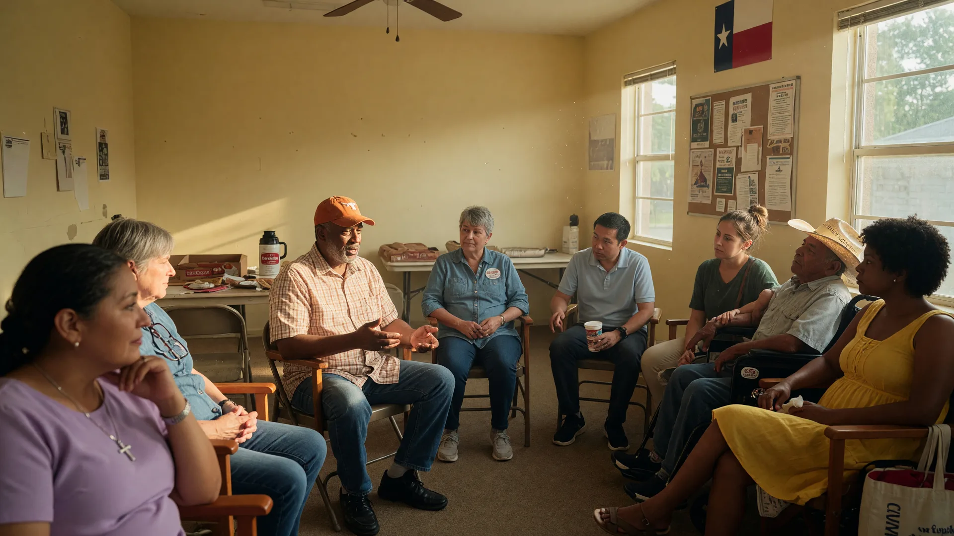 A calm caregiver support group meeting in a bright community room with comfortable chairs arranged in a circle and warm natural light