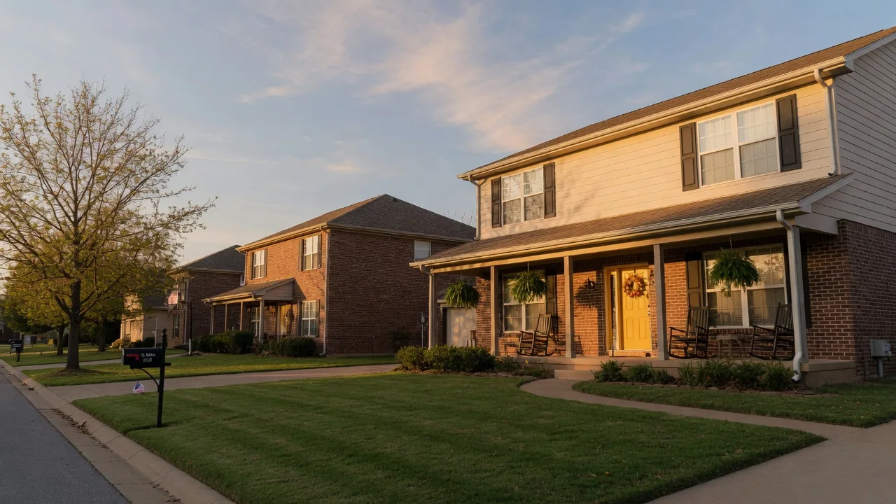 Welcoming two-story brick and siding home in a Tulsa-area neighborhood at golden hour, with a covered porch and a tidy front lawn