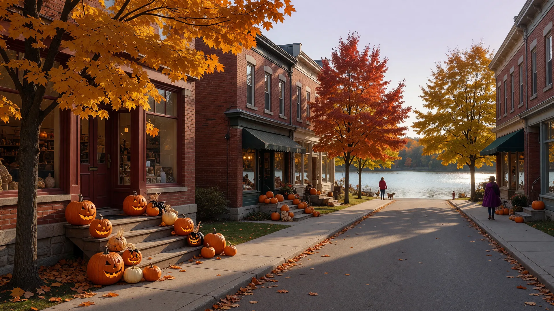 A heritage main street in a small lakeside Ontario town on Halloween weekend: red brick storefronts with glowing windows, carved jack-o'-lanterns and mums on the doorsteps, maples in gold, and a calm lake glinting at the end of the street