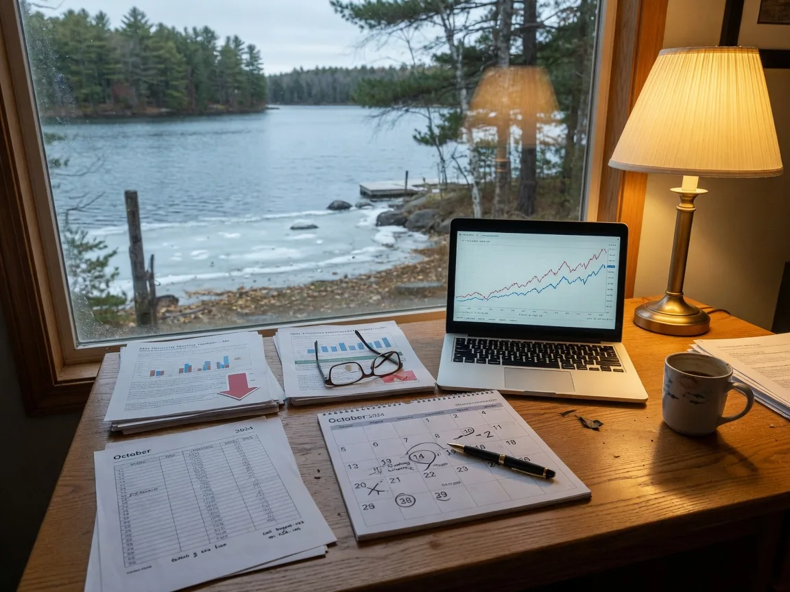 A real estate agent's desk in northern Minnesota on the last week of October with a laptop showing a mortgage rate chart, a printed weekly rate ladder, a desk calendar open to late October with a circled Thursday, a fountain pen, reading glasses, a coffee mug, and market reports beside a window over a pine-lined lake with first ice at the shoreline