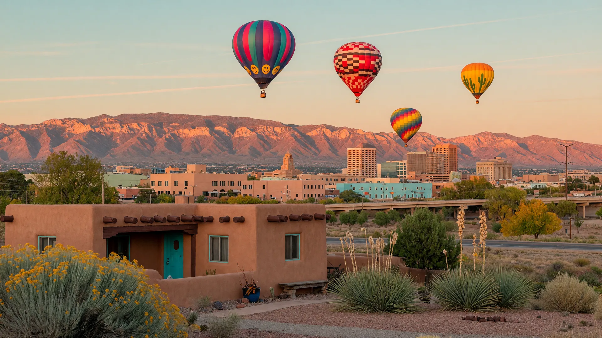 Hot air balloons over the Albuquerque skyline with the Sandia Mountains glowing at golden hour