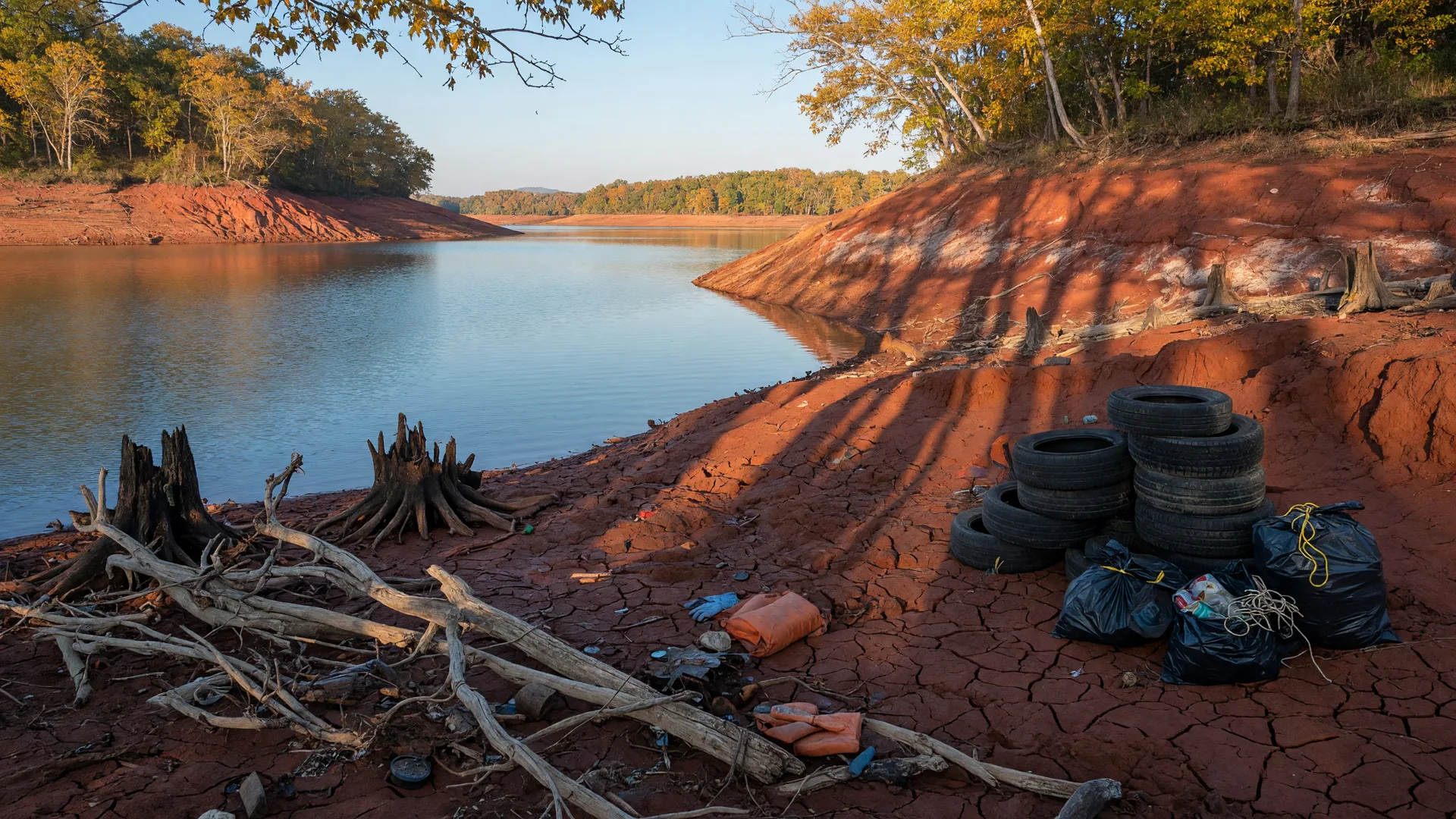 Low-water reservoir shoreline in early autumn with receded red clay banks, exposed stumps and driftwood, and a pile of tires awaiting a cleanup pickup