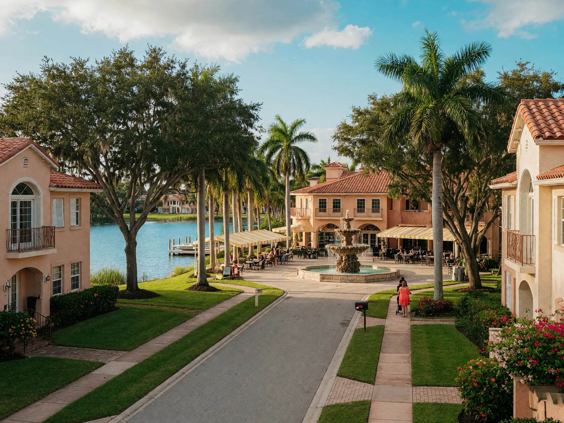 A manicured Miami Lakes street with Mediterranean tiled-roof homes, mature oaks and palms, and a stone fountain in the town center distance