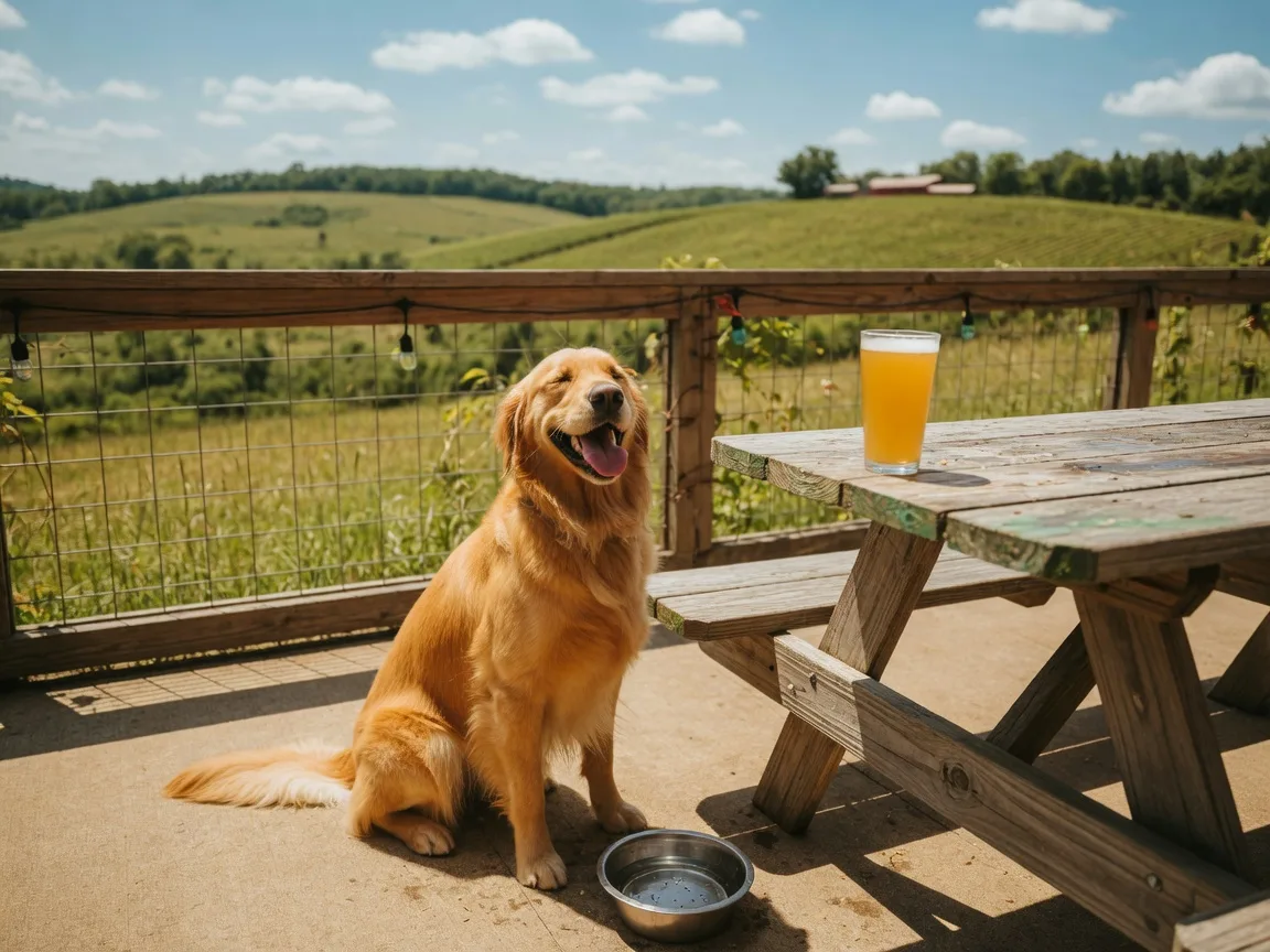 A happy golden retriever sitting beside a wooden picnic table at a dog-friendly brewery patio in Loudoun County with rolling green hills in the background