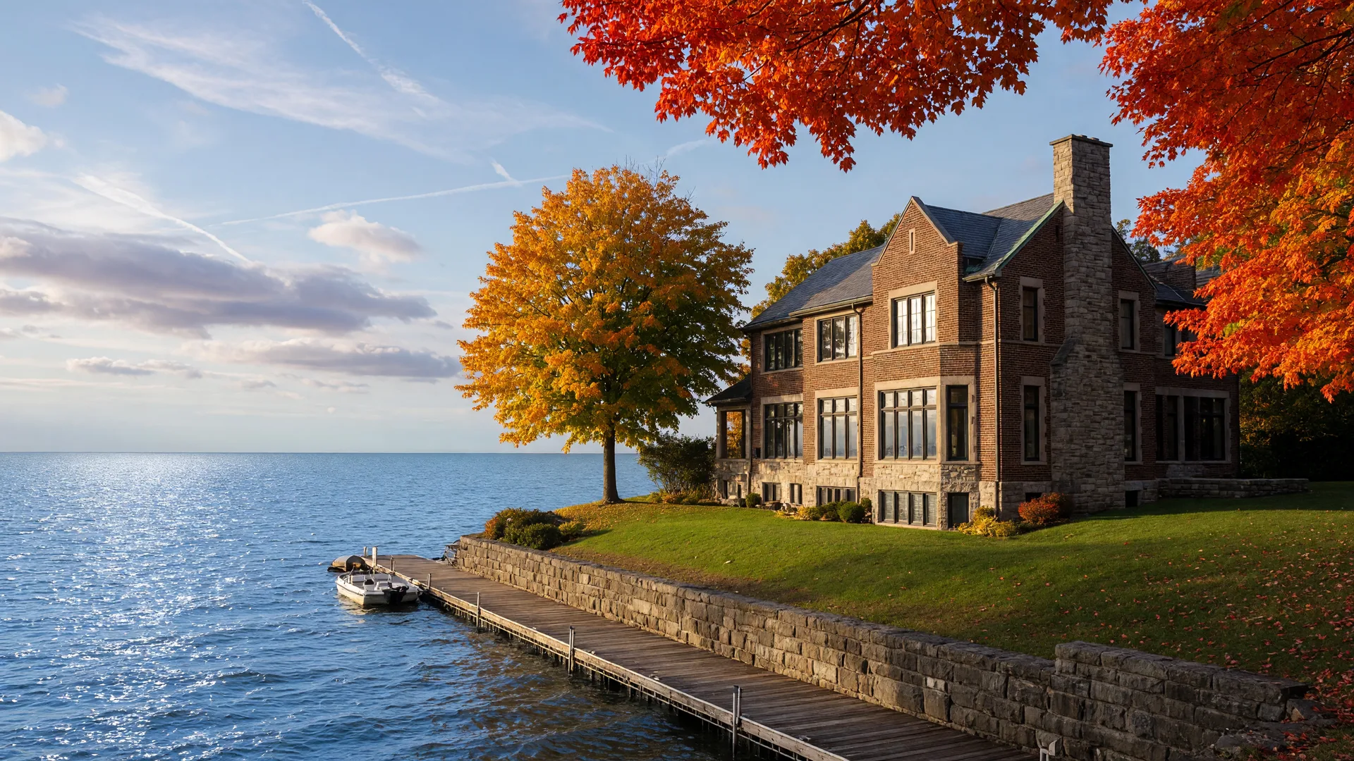 A luxury brick lakefront home on a grassy bluff above Lake Erie in autumn, framed by red and gold maples, with a dock below the shoreline
