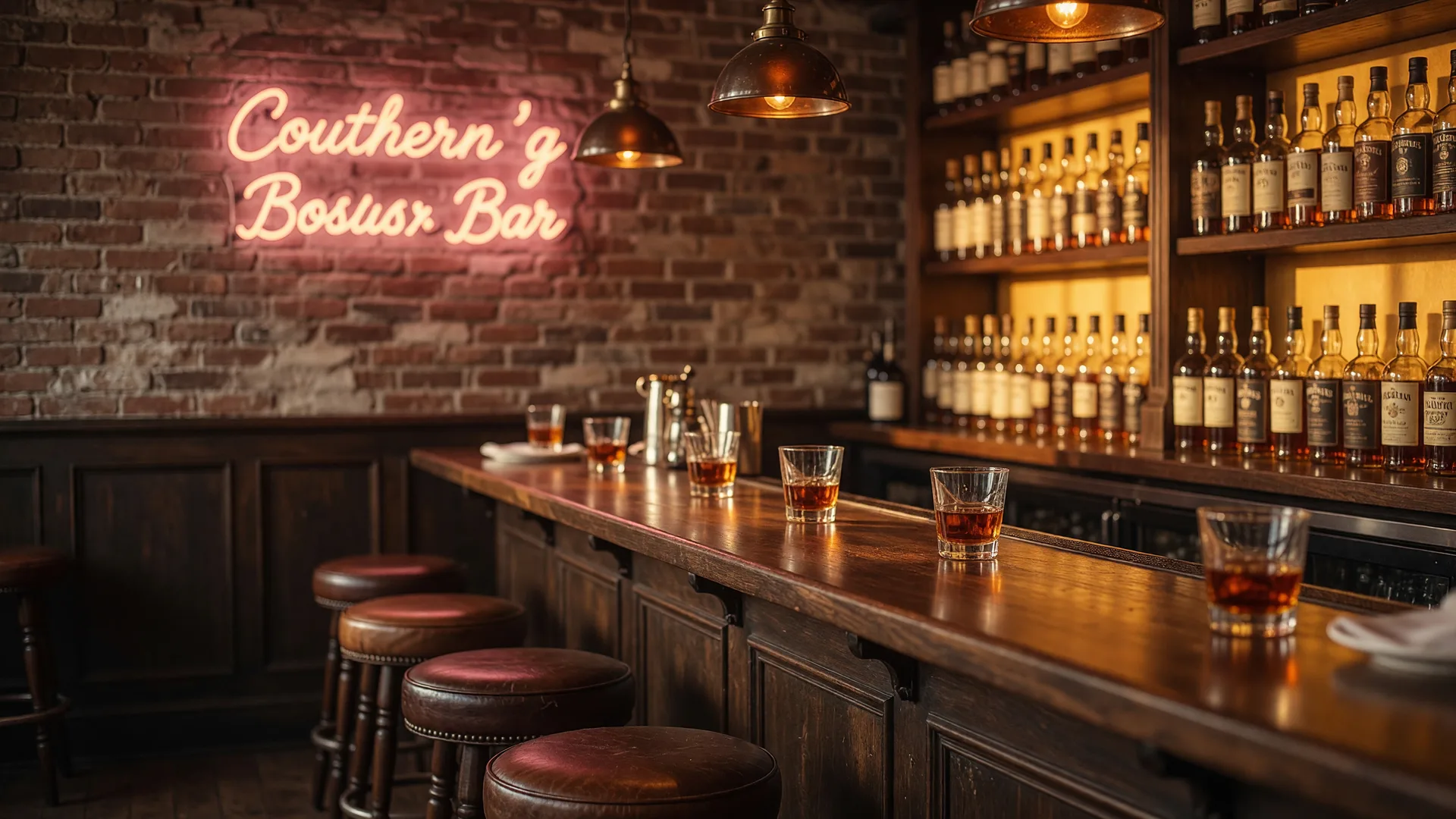 Interior of Louis' House of Bourbon at Chateau Elan Resort with amber-lit bottles behind a dark wood bar and warm pendant lighting