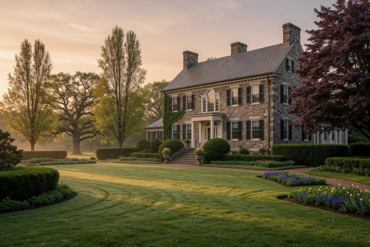 Colonial estate home in Ardmore with stone exterior, shutters, and manicured lawn