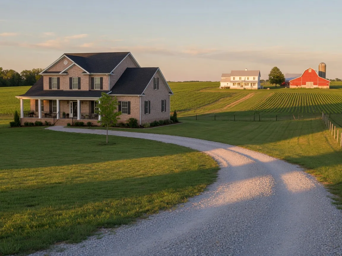 A country-style brick home with a porch and gravel drive set among young crops, with a white farmhouse and barn in the distance
