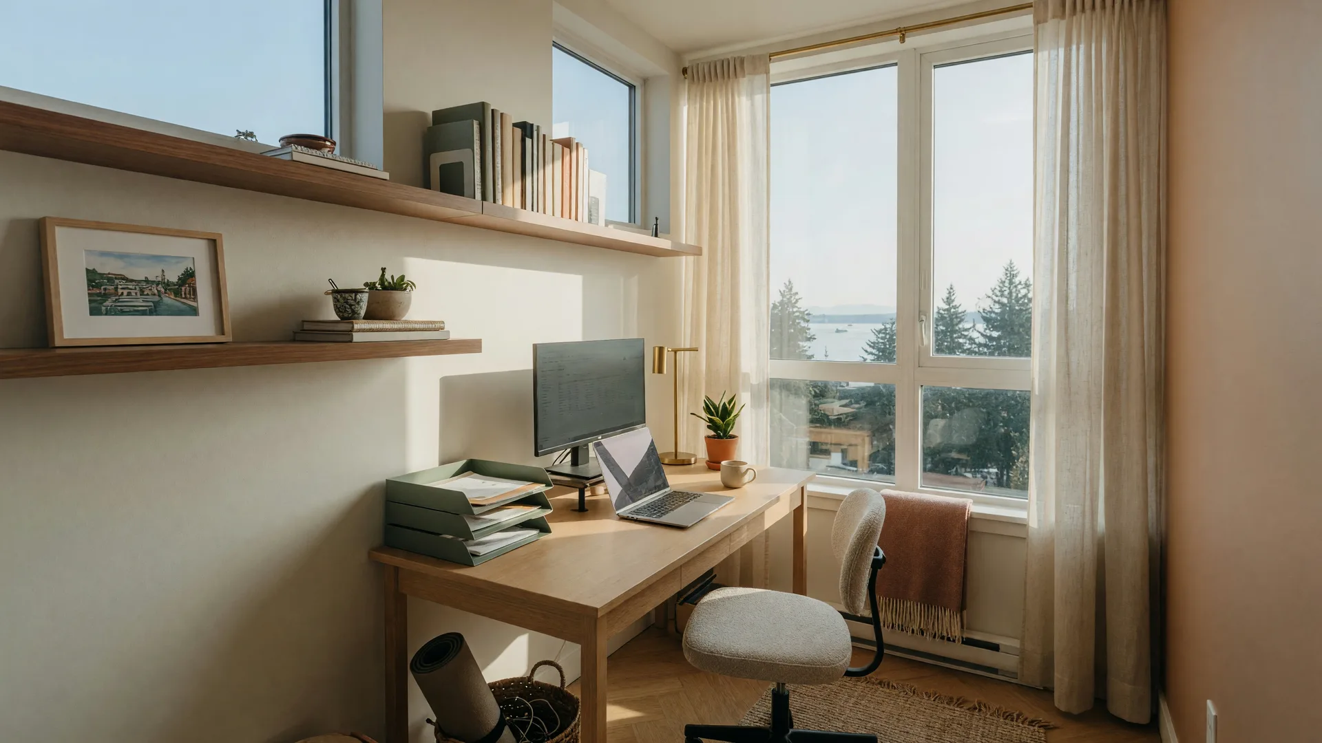 A compact, sunlit home office set up in a small modern Victoria condo with a desk by floor-to-ceiling windows