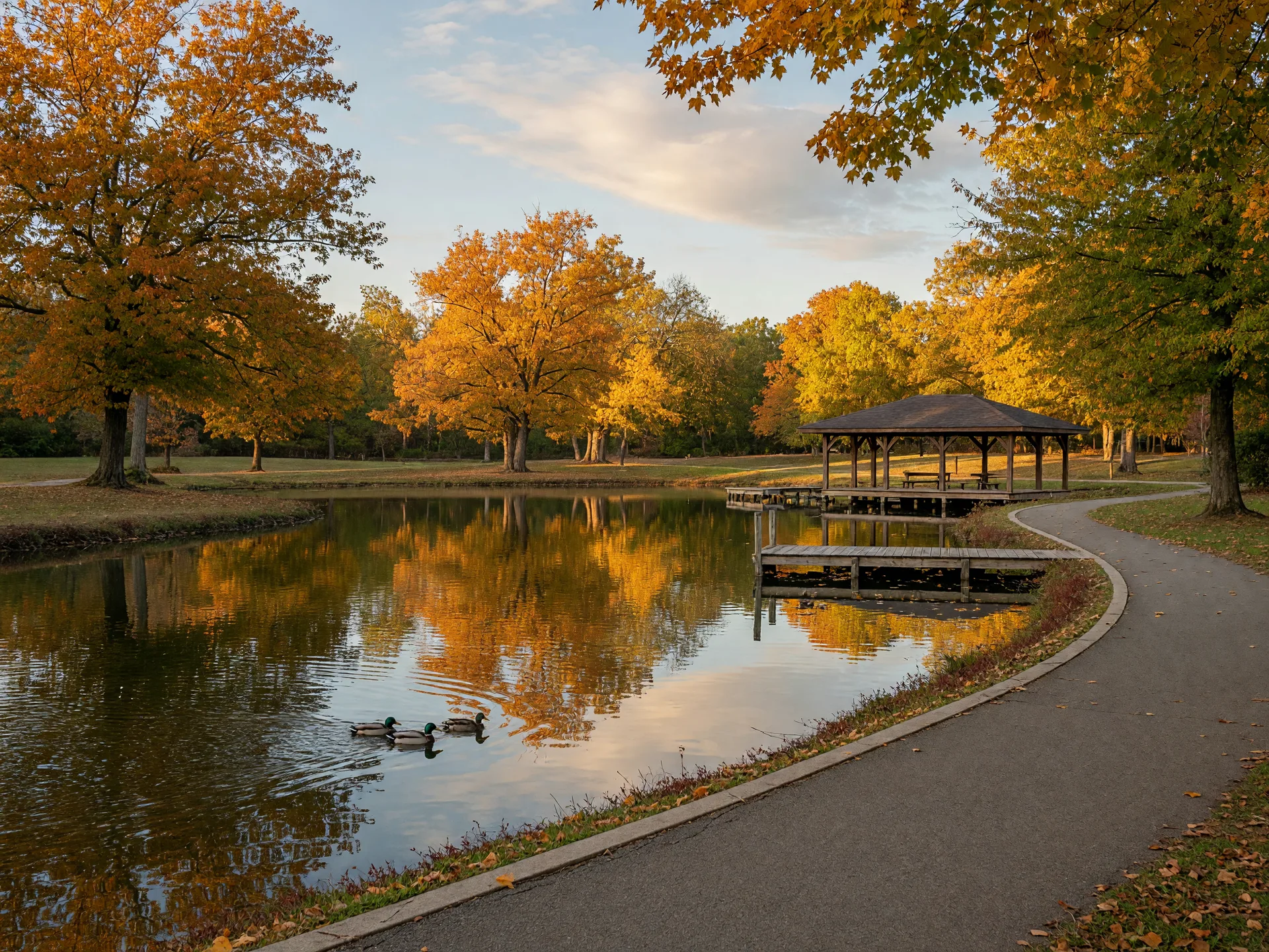 A serene community park lake in early autumn with golden reflections, a paved walking path, a wooden picnic pavilion, and trees turning orange and yellow