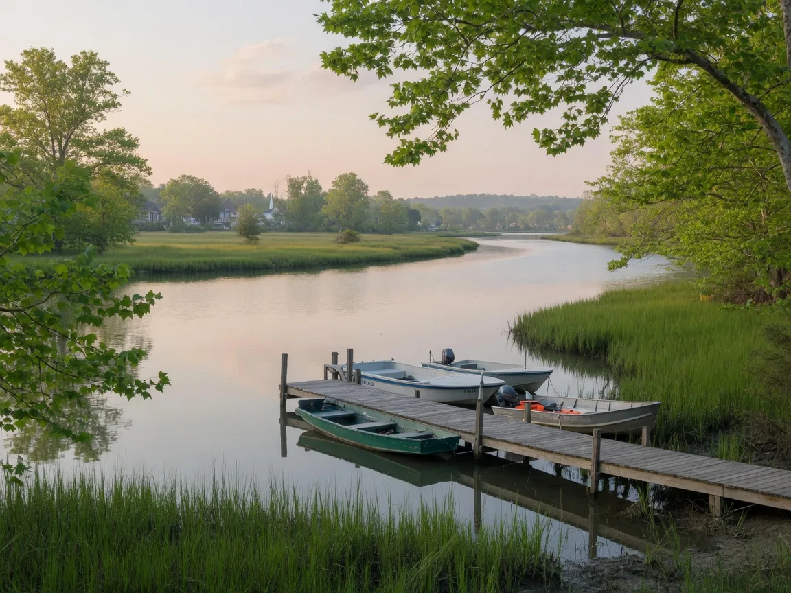 A quiet wooden fishing dock along a tidal creek in Dumfries, Virginia, with marsh grass and trees framing the scene
