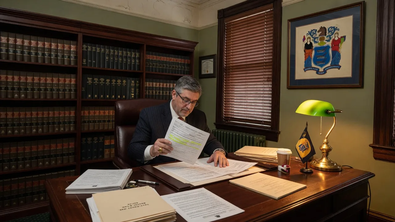 Real estate attorney reviewing tax documents and property deed at a mahogany desk in a New Jersey office