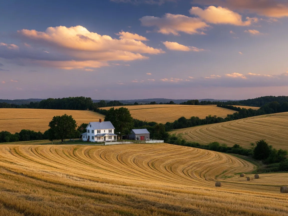 Rolling golden farmland near Richmond with a white farmhouse under a wide blue sky