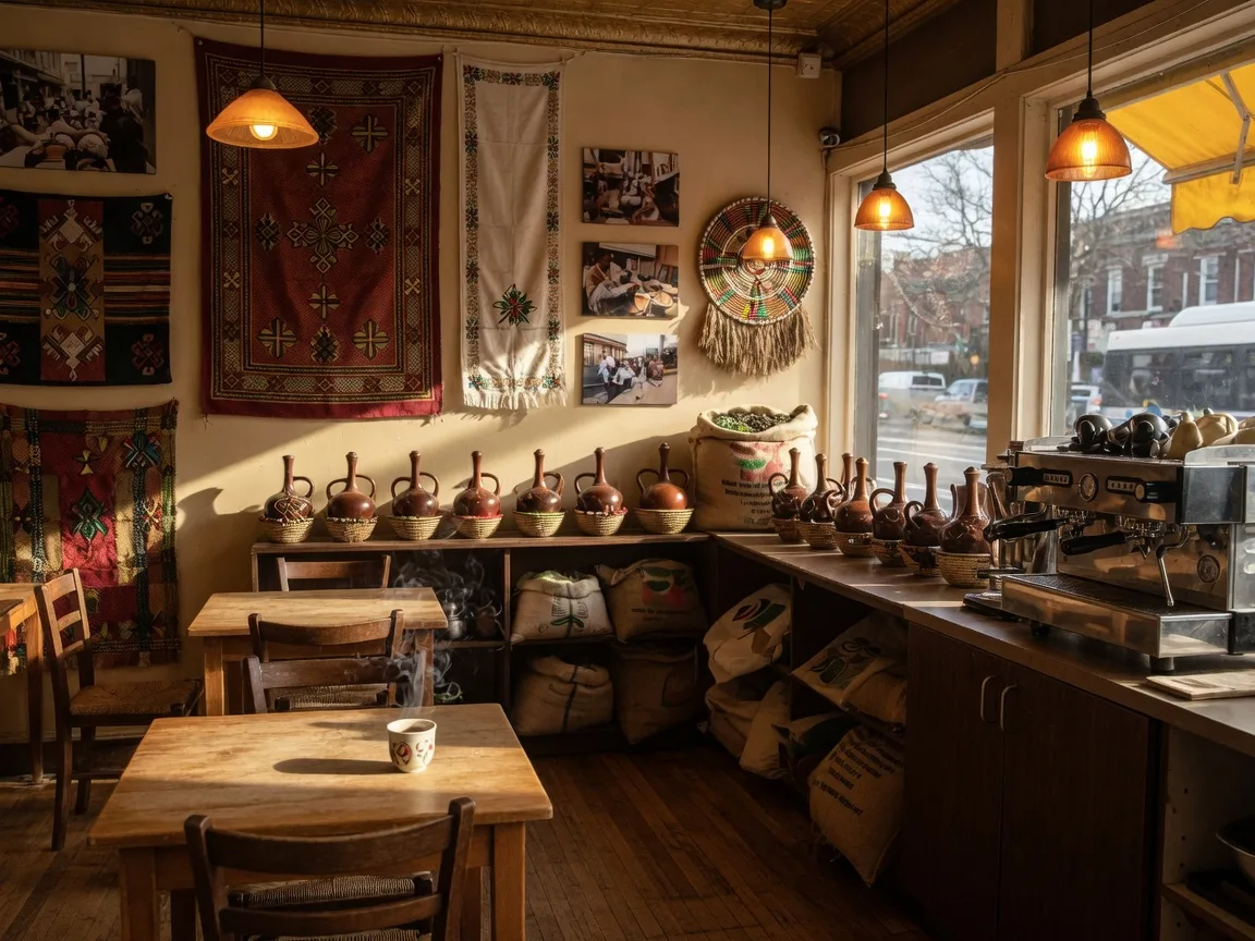 Warm interior of Sidamo Coffee and Tea in Washington DC with wooden cafe tables, a long espresso counter, shelves of ceramic jebena coffee pots and coffee bags, colorful Ethiopian textiles on the walls, and steam rising from a cup in late afternoon light