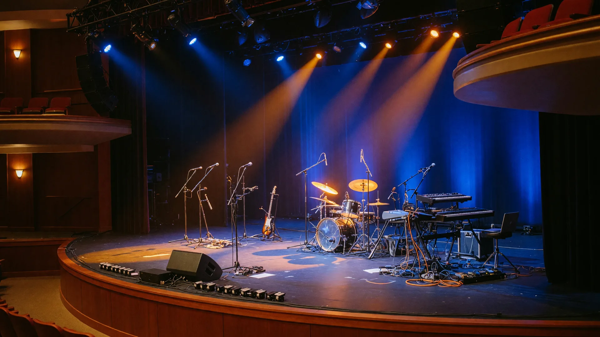 Choctaw Grand Theater stage with dramatic blue and amber theatrical lighting illuminating the performance space