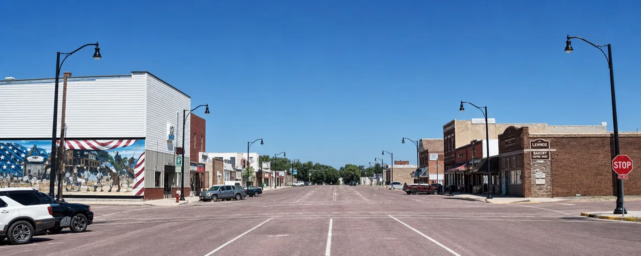 Downtown Main Street in Lennox, South Dakota with the patriotic mural building
