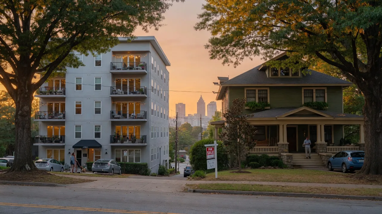 A modern Atlanta rental apartment building on the left and a classic craftsman home with a For Sale sign on the right at golden hour, representing the rent versus buy decision