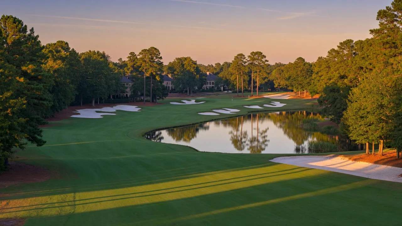 Championship golf course fairway at Chateau Elan with mature trees and sand bunkers