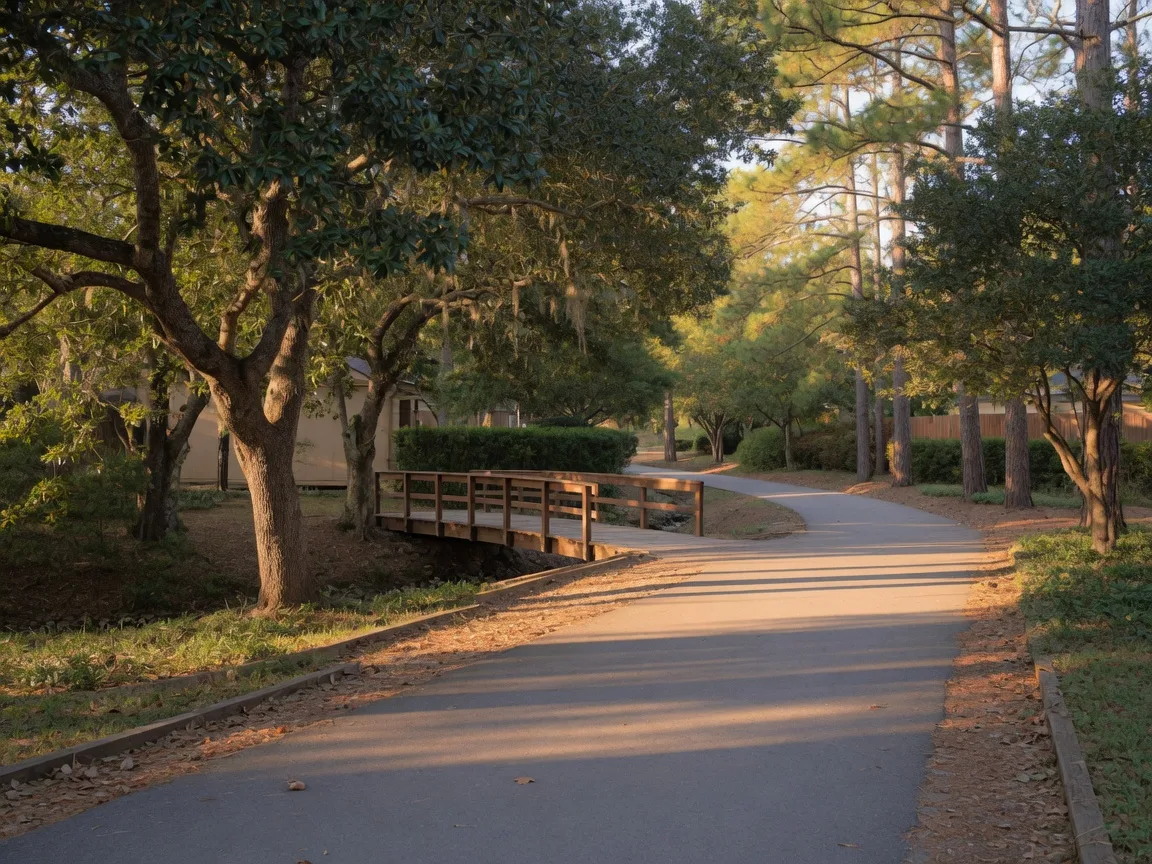 A paved walking and biking trail through live oaks and pines in a Texas neighborhood