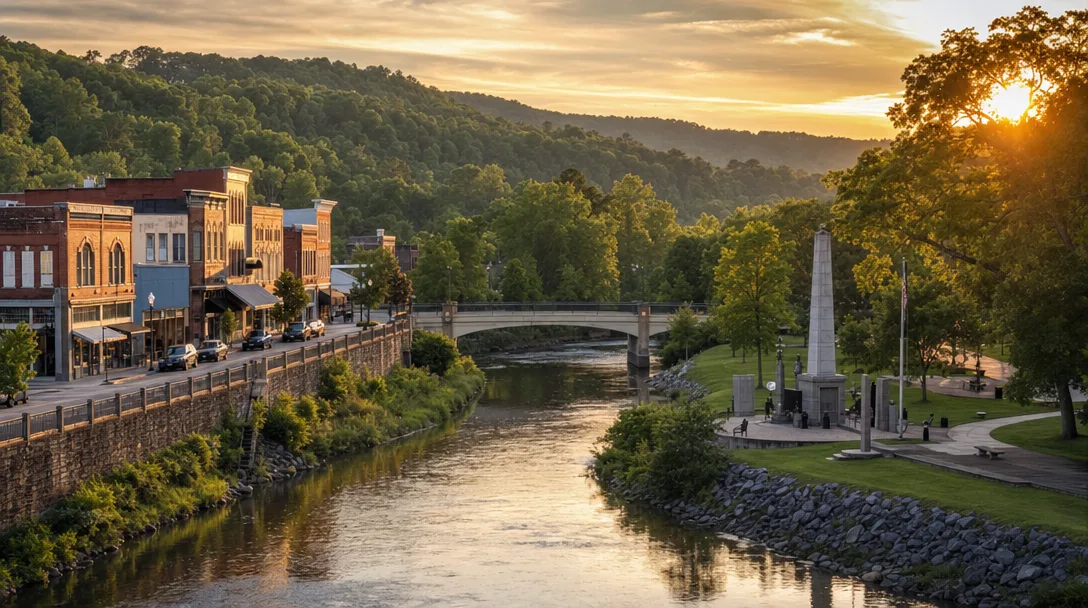 Trussville's historic downtown district with the Cahaba River, early 20th century storefronts, and Appalachian foothills backdrop