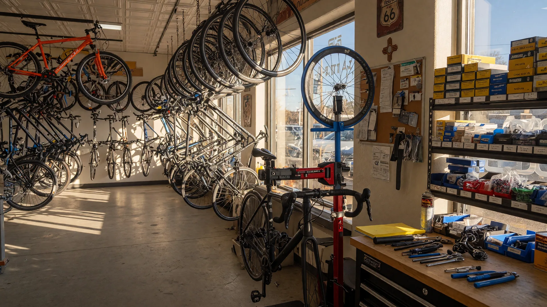Inside Bikeworks Albuquerque, an independent bicycle repair shop in the Northeast Heights with bikes on ceiling racks and warm sunlight streaming through the front windows