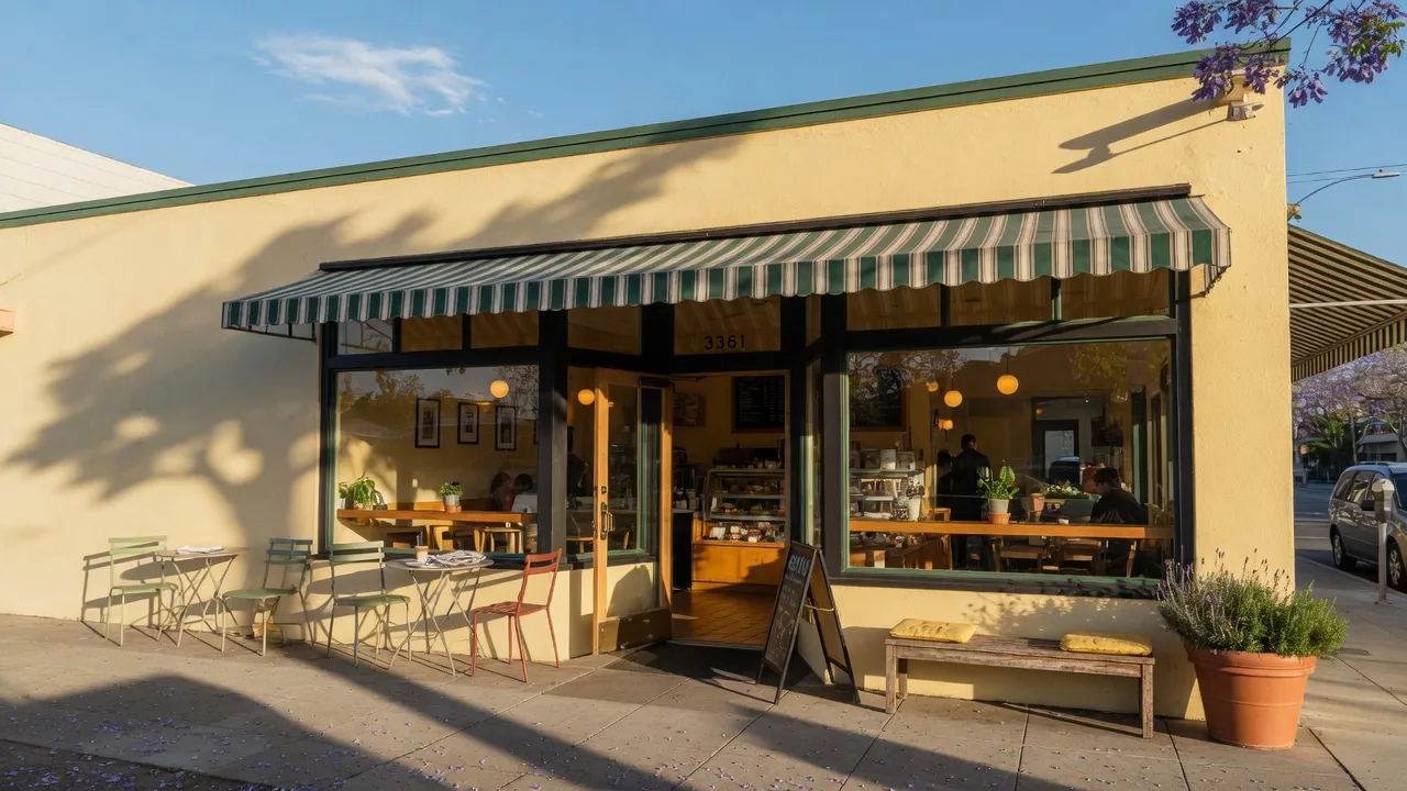 Jantz Cafe and Bakery at 3361 G Street in Merced California featuring a charming storefront with large windows outdoor seating and golden morning light