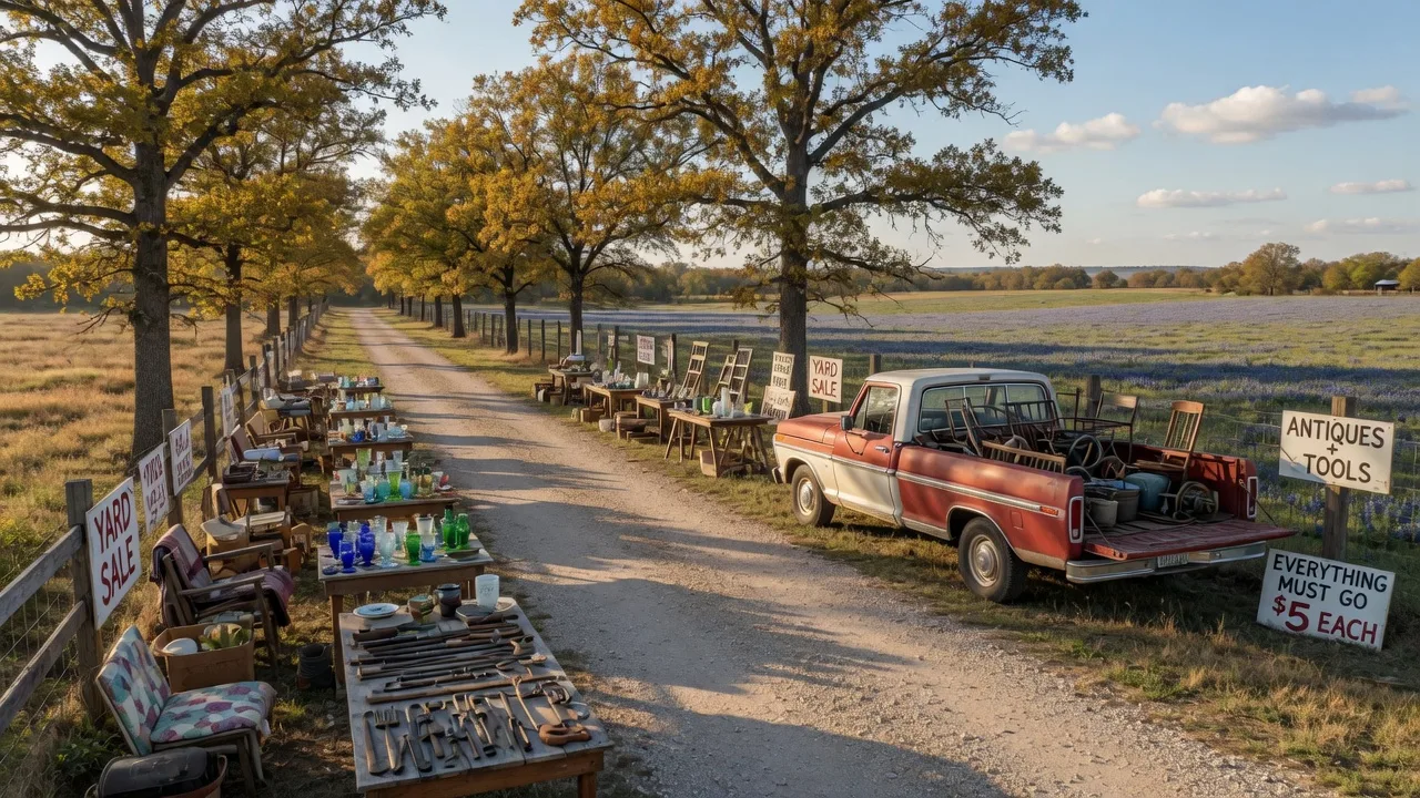 Rural highway roadside yard sale with tables of antiques under tall oak trees, handmade signs, and a parked pickup truck on the shoulder