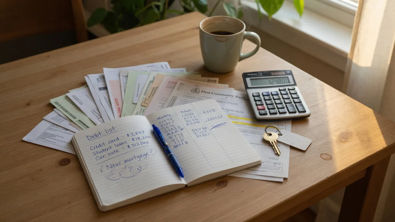 A first-time homebuyer's monthly budget planning desk with a stack of bills, a bank statement, a handwritten debt list, a calculator, and a brass house key in warm morning light