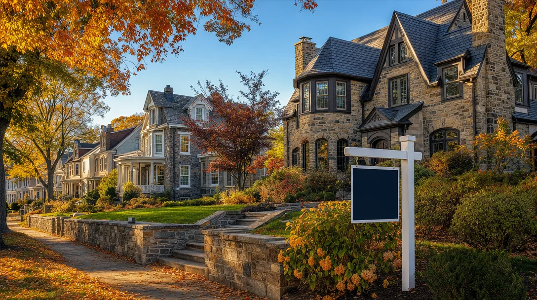 Diverse historic homes in Chestnut Hill Philadelphia with a For Sale sign, autumn foliage, Victorian and Tudor architecture