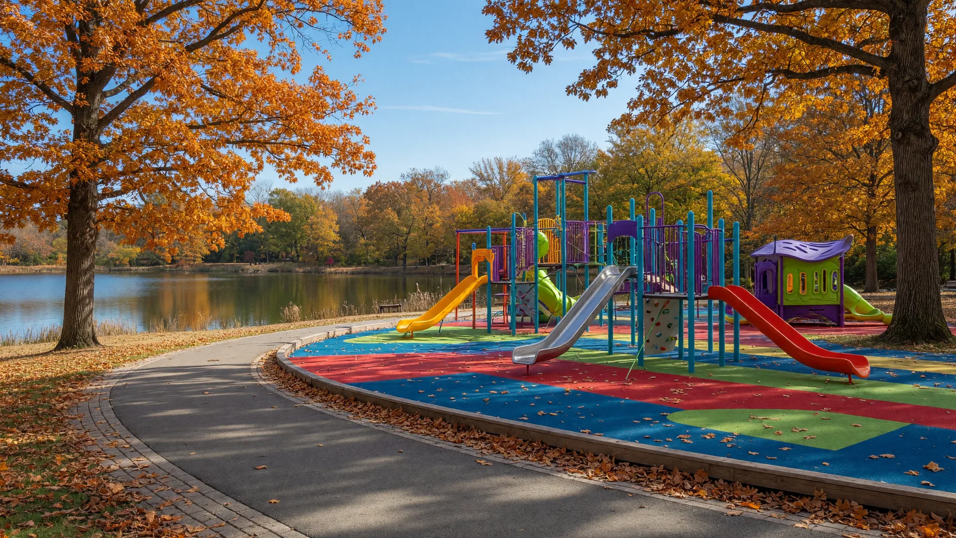 A colorful modern playground with slides in a leafy Euclid park on a sunny autumn afternoon