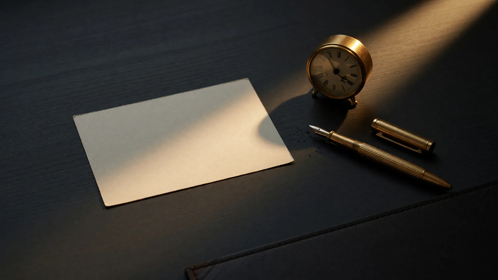 A lone index card on a charcoal desk beside a brass clock and gold pen, where a lead goes quiet when the follow-up stops