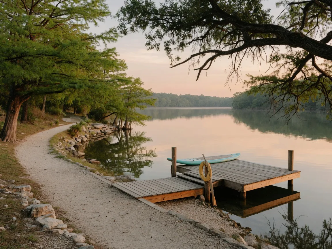 A quiet Hill Country lake shoreline with a wooden kayak-launch dock, overhanging live oaks, and a paddleboard leaning against a post