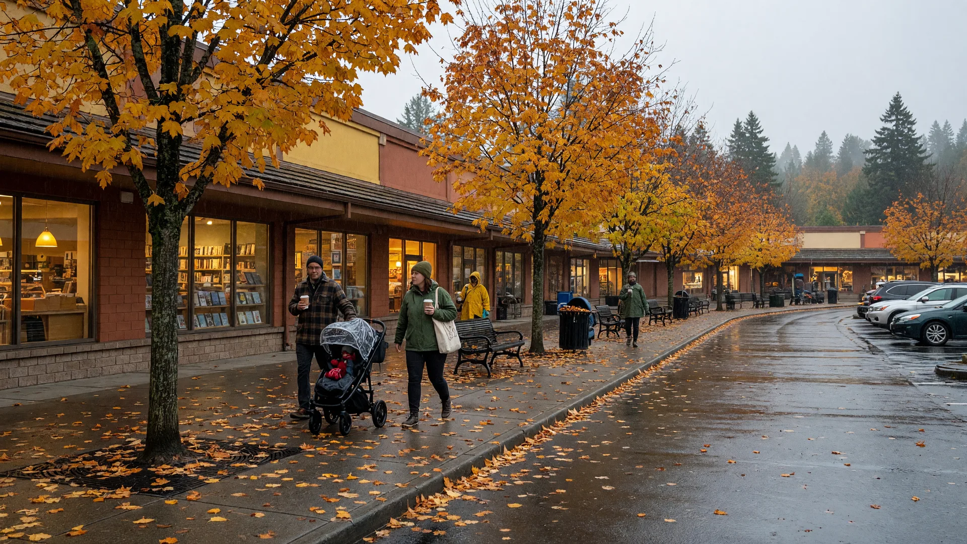 An autumn weekday at a Pacific Northwest village shopping plaza: warm storefront lights, golden maples and residents walking with coffee, a light rain sheen on the pavement