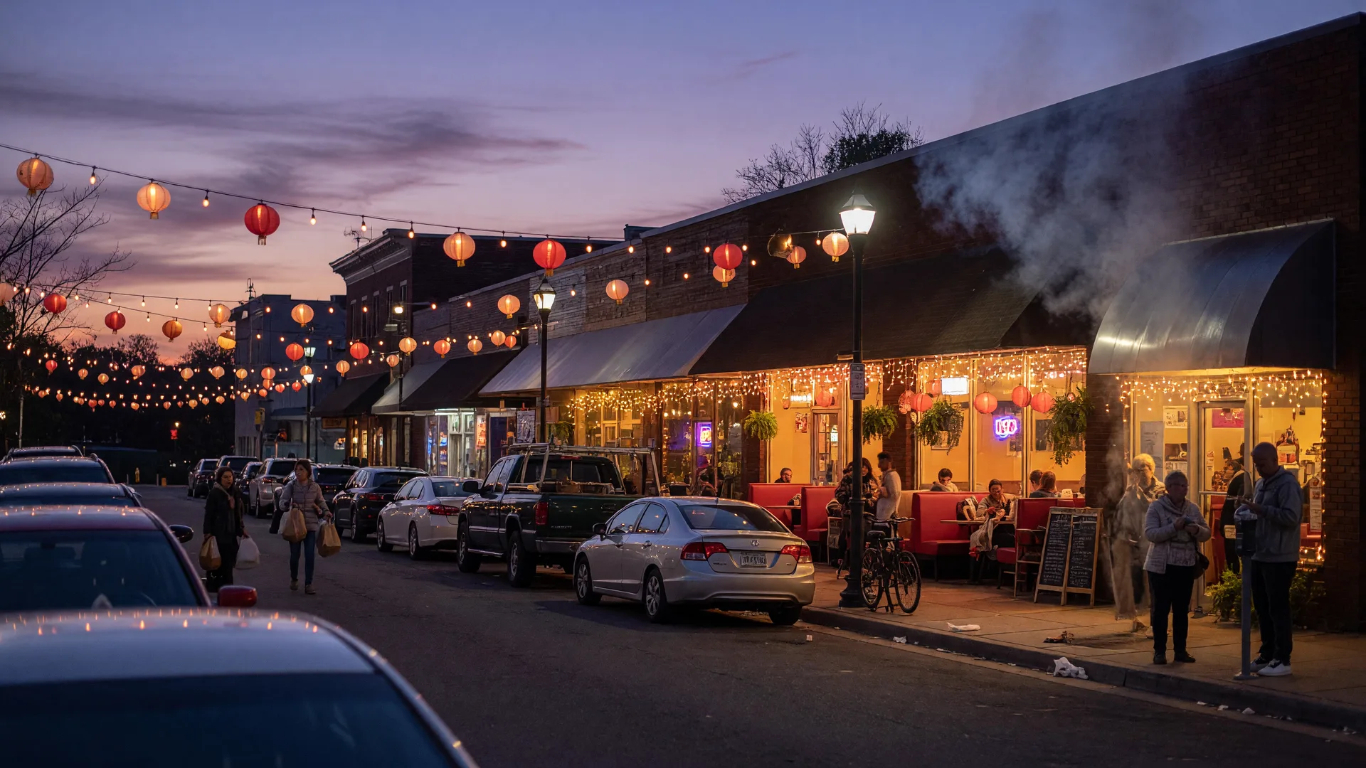 A restaurant-lined Annandale street at dusk with glowing shopfronts, string lights, and twilight sky