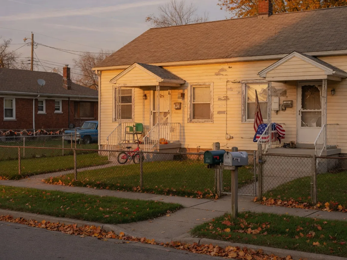 Well-maintained wood-frame two-unit home in Northwest Indiana at golden hour with two small porches, dual mailboxes, matching lawns, and autumn leaves on the walkway