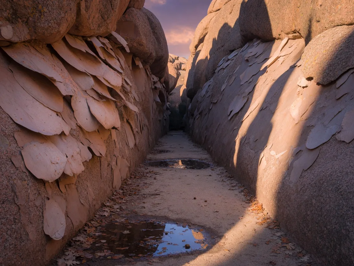 Narrow granite corridor of Echo Canyon at Enchanted Rock with smooth exfoliation walls, sandy floor with oak leaves, and dramatic shadows in late afternoon light