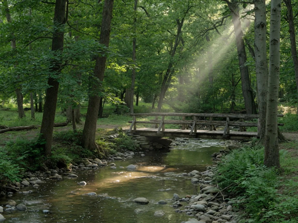 Lorimer Park creek flowing beneath a rustic footbridge in wooded Montgomery County parkland