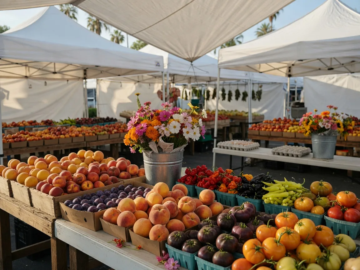 Wooden crates of late-summer fruit, tomatoes, and cut flowers under white canvas canopies at the Victory Park farmers market