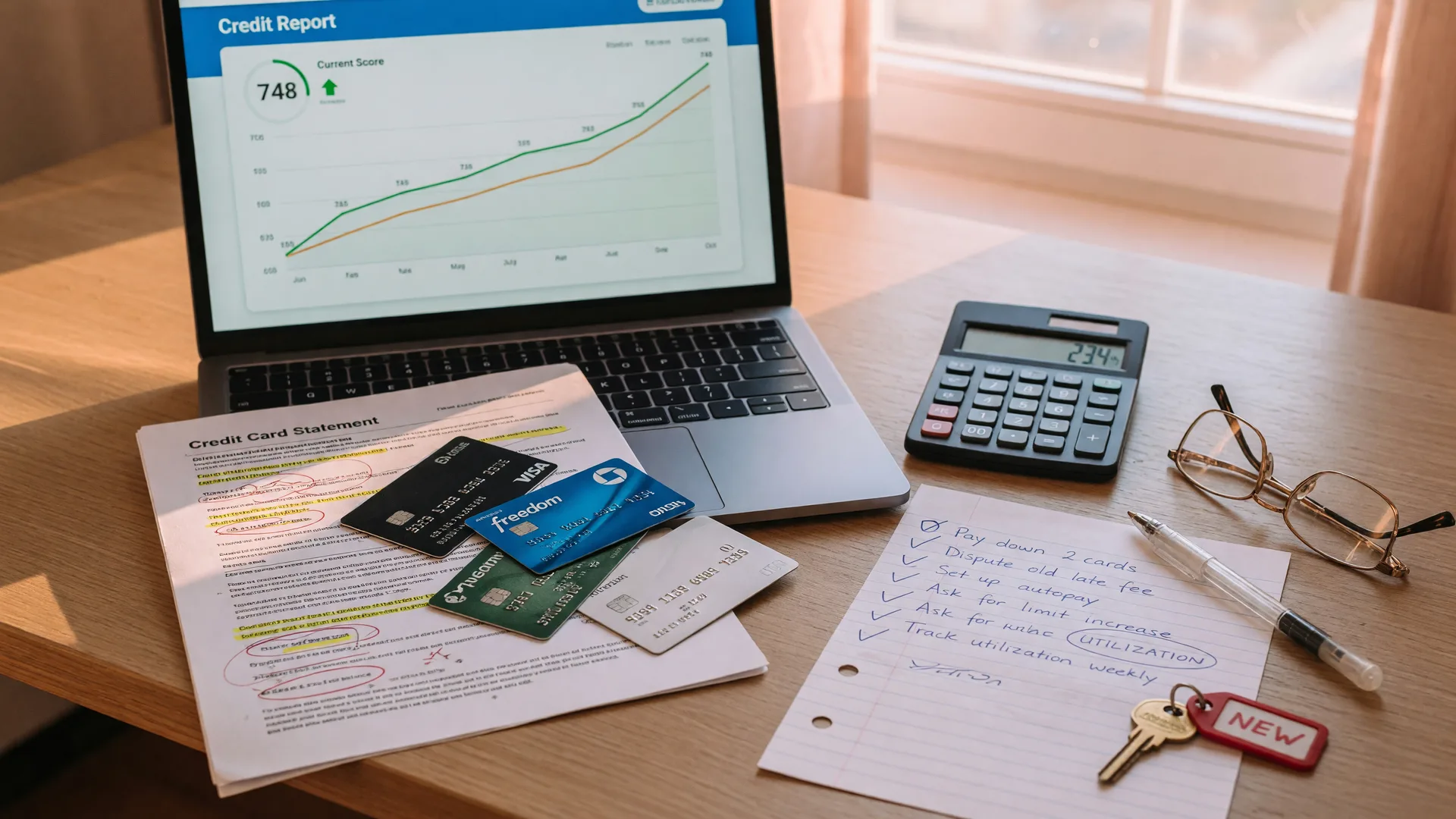 A first-time homebuyer's planning desk in warm morning light with a laptop showing a rising credit score chart, fanned credit cards beside a statement with a highlighted utilization figure, a handwritten action checklist, a calculator, and a brass house key