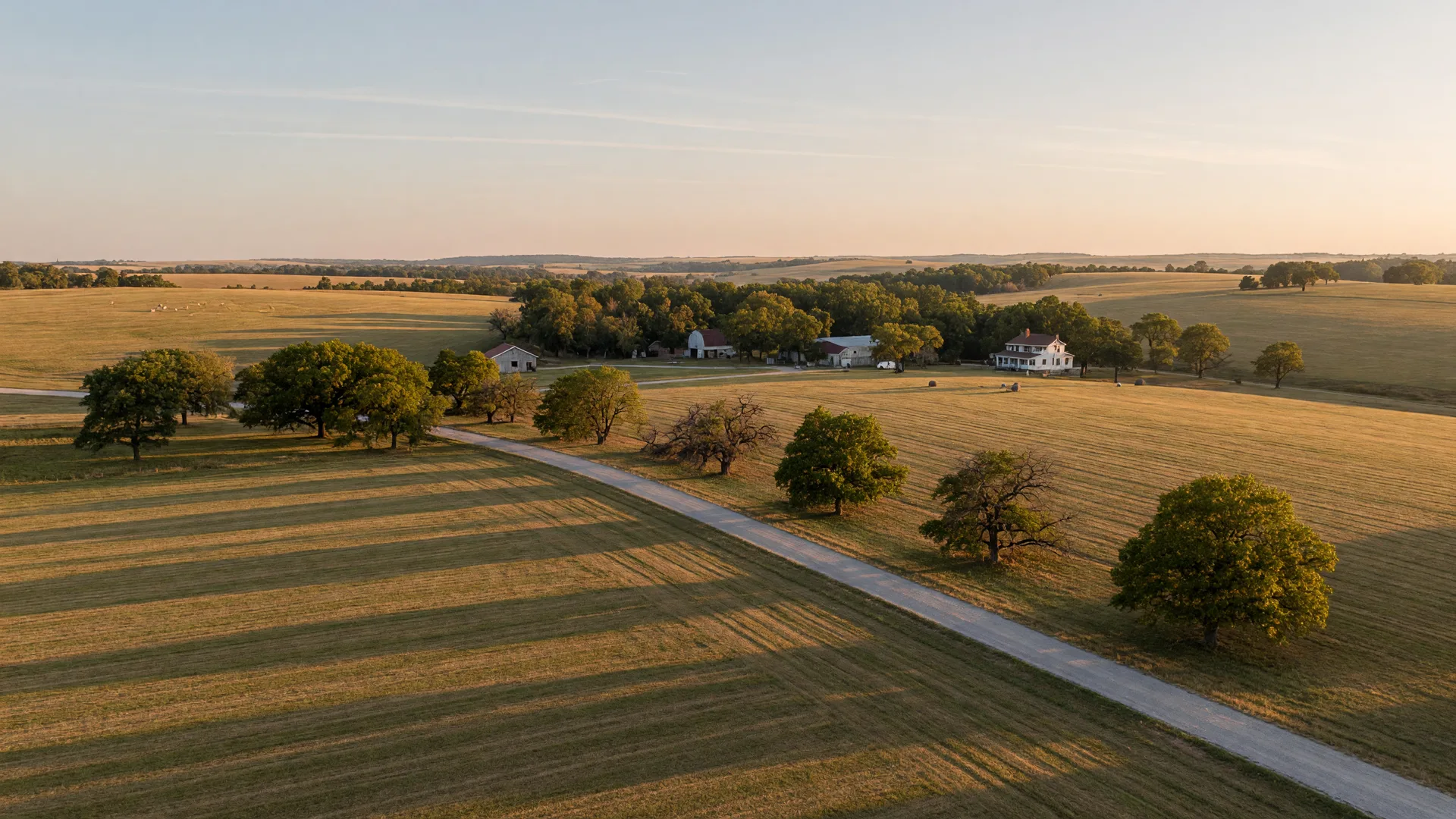 Rolling Northland pastureland near Kearney with tree-lined gravel roads in late afternoon light