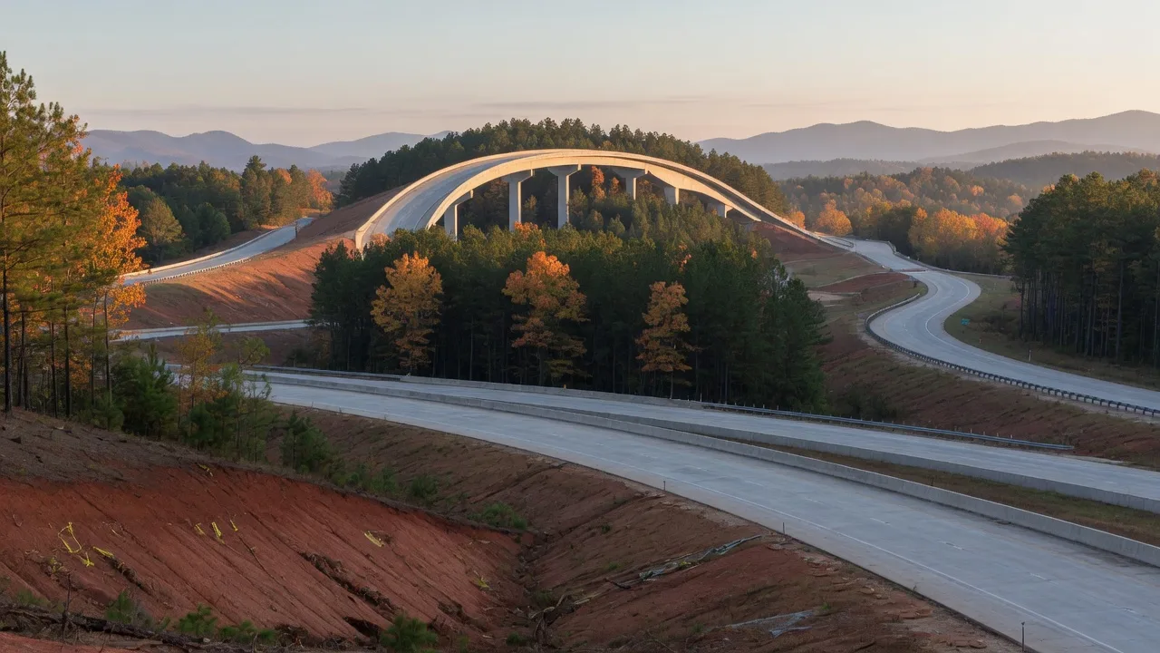 North Georgia divided-highway interchange curving through timbered foothills with early autumn color on the slopes