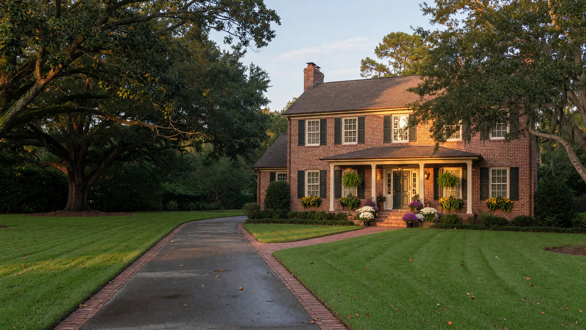 A well-maintained Southern brick home in the CSRA on a clear late-September morning, framed by live oaks and a manicured lawn, ready for its fall listing