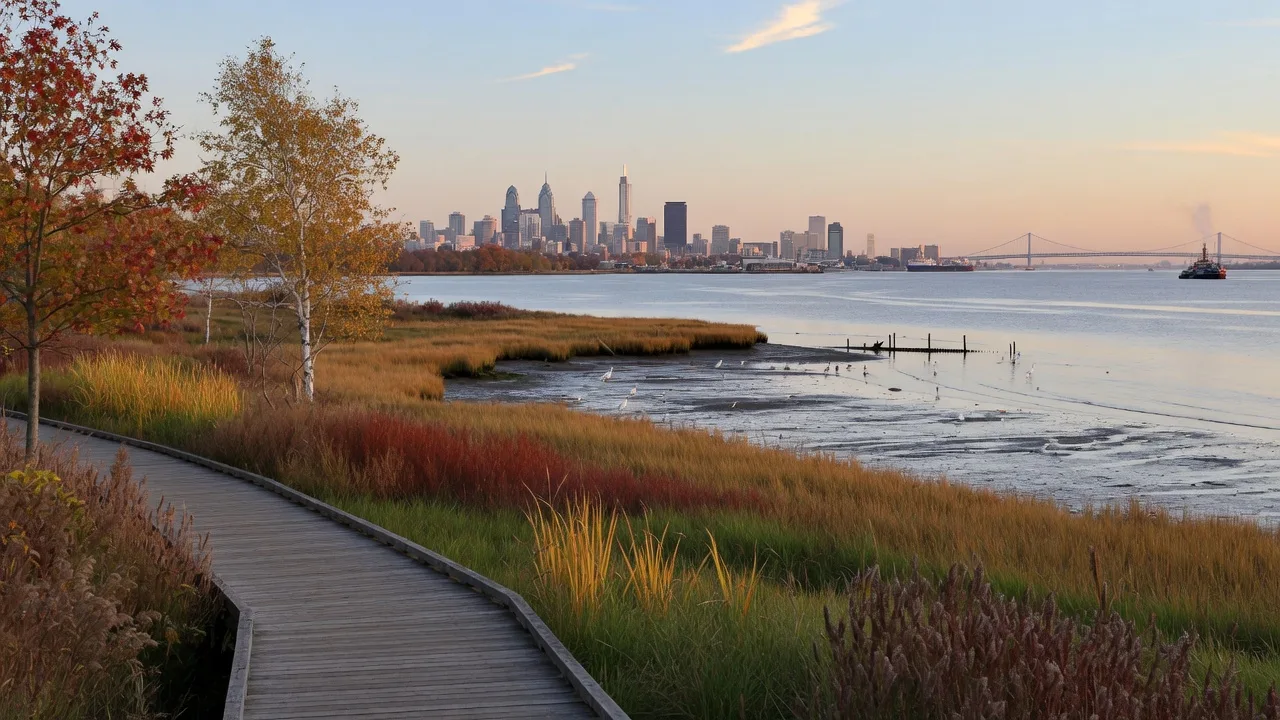 Palmyra Cove Nature Park in Palmyra New Jersey with tidal cove, Delaware River beyond, and the Philadelphia skyline visible on the horizon through golden autumn light