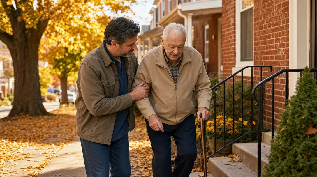 Adult child helping elderly parent up front steps on a warm autumn afternoon