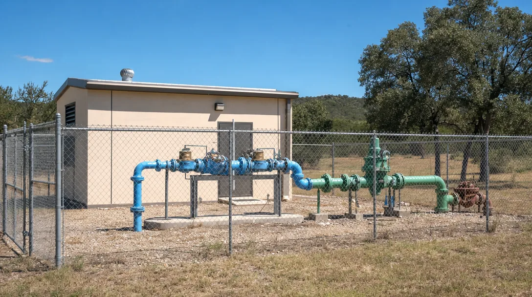 Fenced Water Supply Corporation utility site with above-ground piping, valves, meters and an equipment building