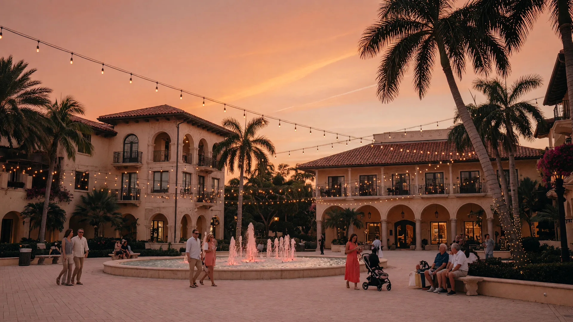 Mizner Park in Boca Raton at golden hour with Mediterranean architecture, glowing string lights, and palm trees against a warm sunset sky
