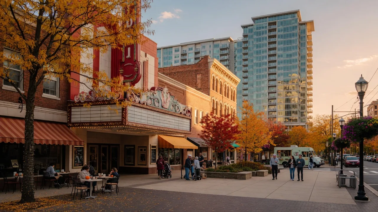 Silver Spring Maryland downtown area with AFI Silver Theatre and skyline