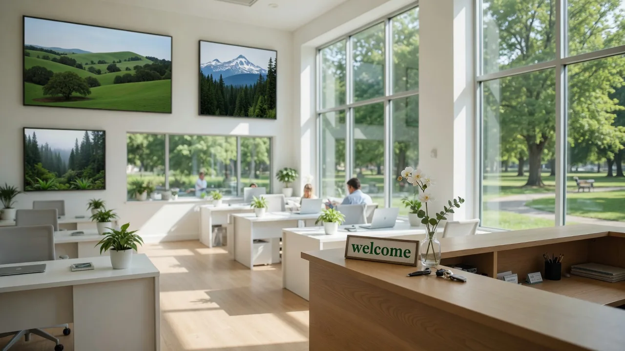 Bright modern real estate office with Oregon landscape decor
