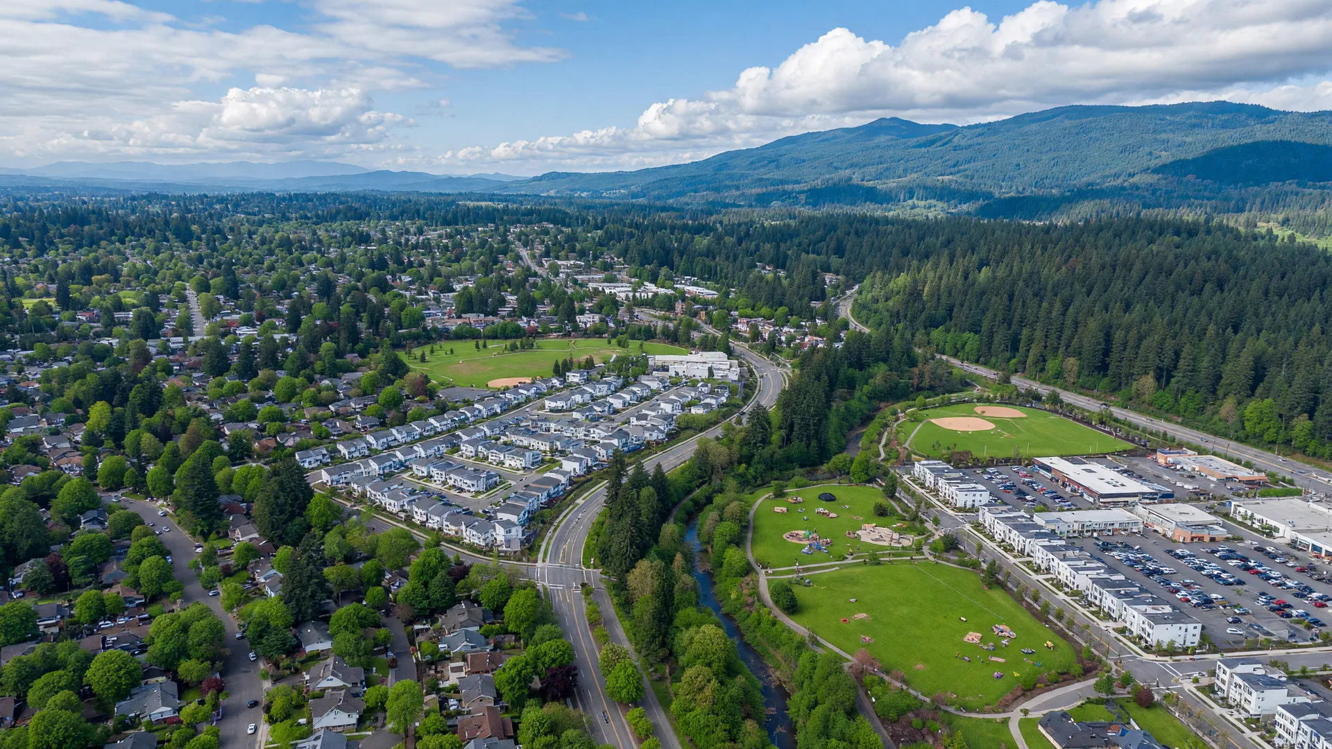 Aerial view of Tigard showing homes and suburban landscape near Portland