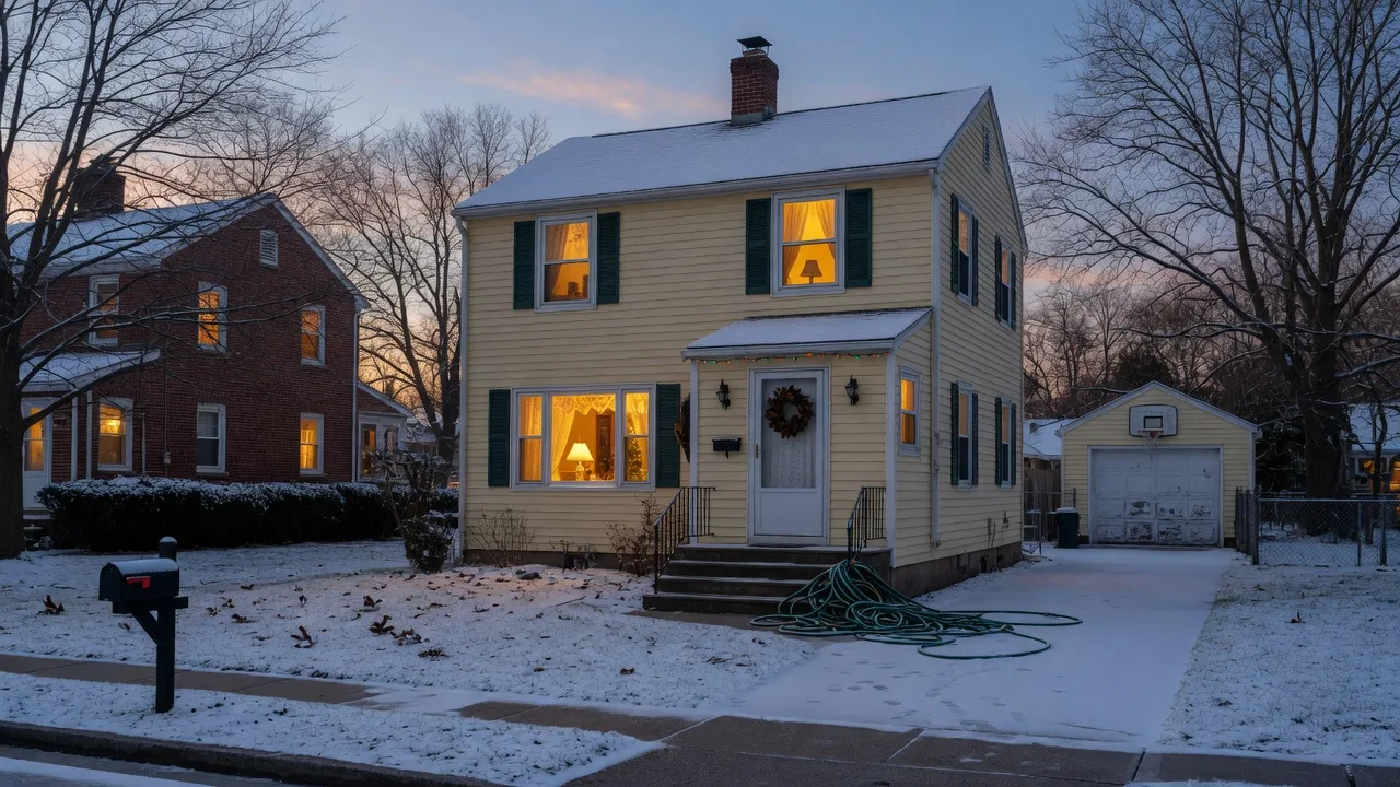 Post-war colonial home in Cinnaminson New Jersey in early winter with a light dusting of snow and warm window light at dusk